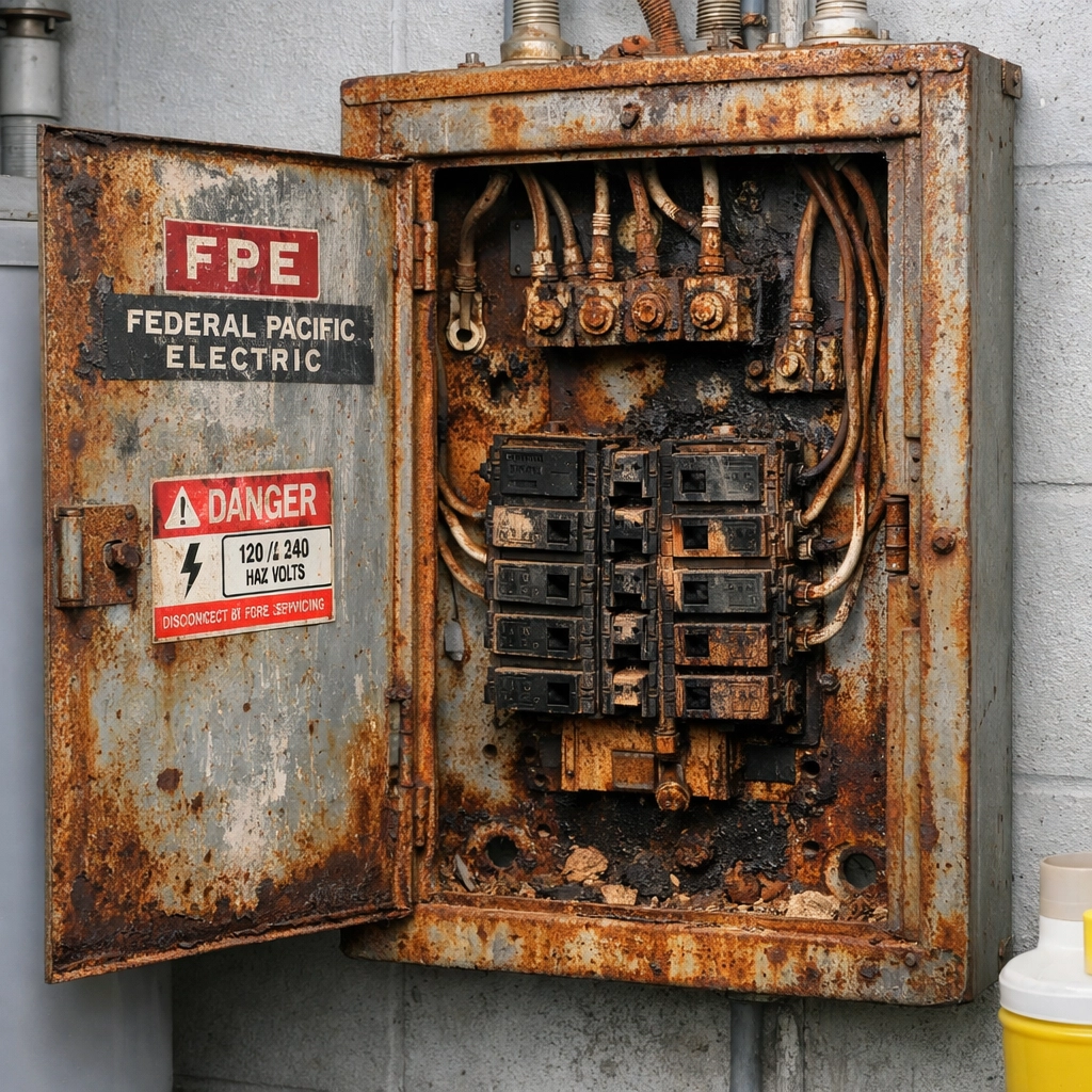 Corroded Federal Pacific Electric panel showing rust and damage requiring replacement in Florida home