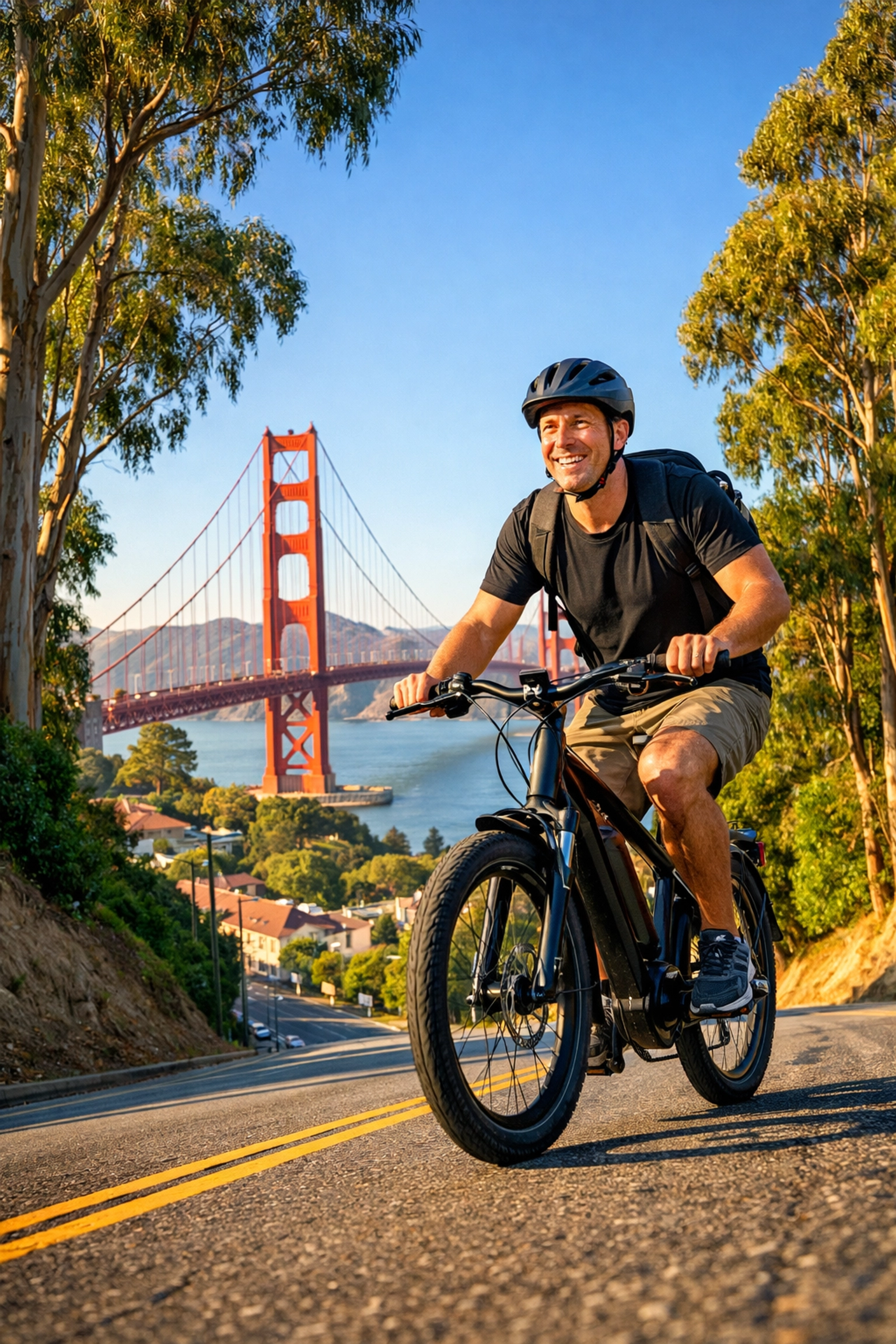 Cyclist on electric bike climbing presidio hill toward golden gate bridge in san francisco