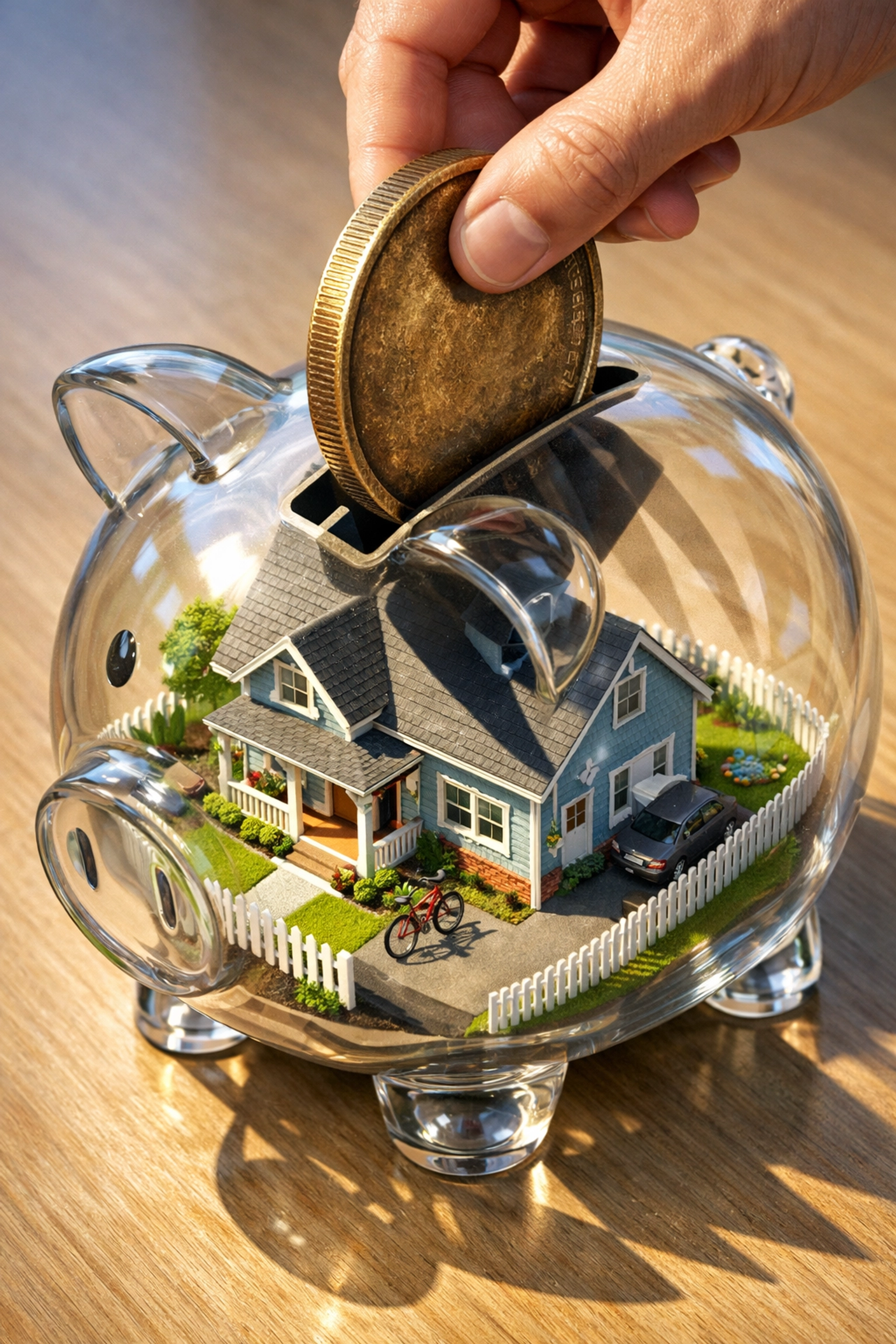 A suburban house inside a piggy bank receiving a heavy coin representing rising property taxes.