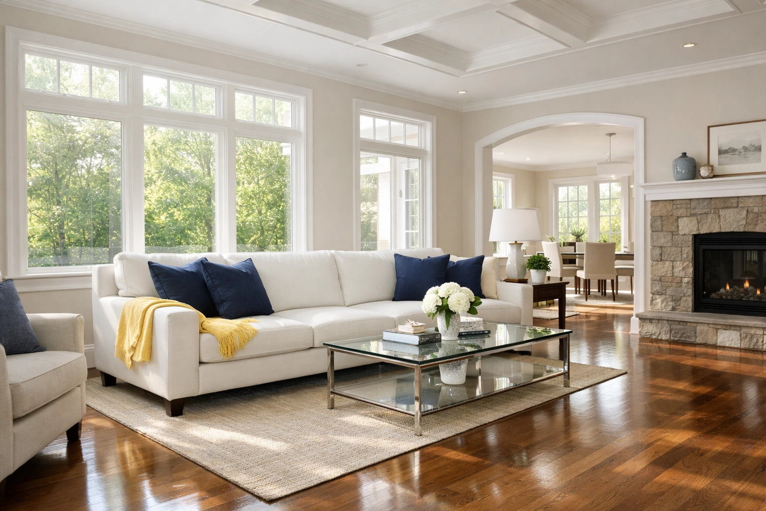 Dust-free living room in a Bolton, MA home featuring clean hardwood floors and a white sofa.