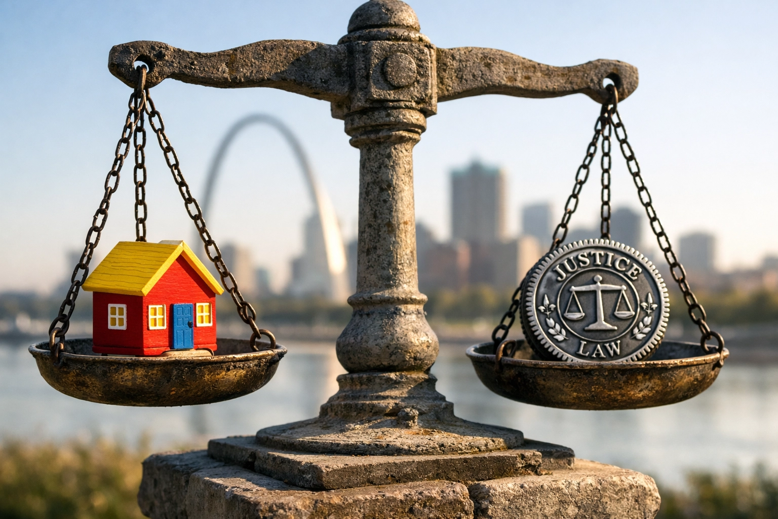 Scales of justice with a toy house and legal seal, illustrating family law decisions in St. Louis County.