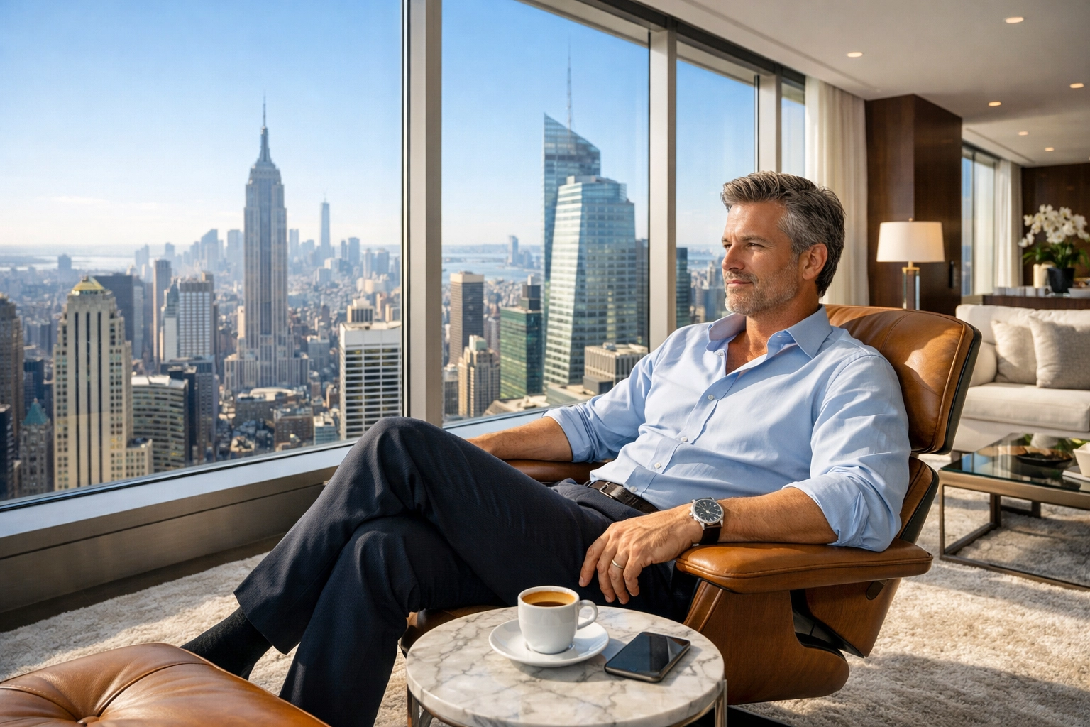 Corporate executive enjoying a luxury hotel suite during a Super Bowl business trip.