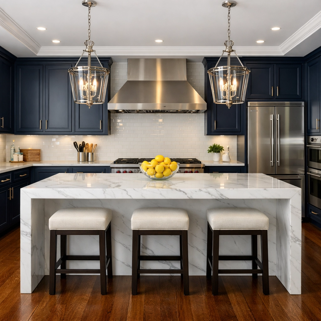 Immaculate Duxbury kitchen with marble island and navy cabinets, showcasing professional luxury residential cleaning results.