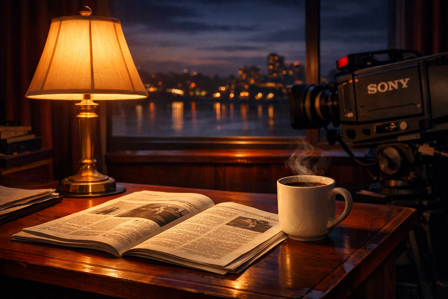 Evening news desk with newspaper and coffee symbolizing calm, informed news reading