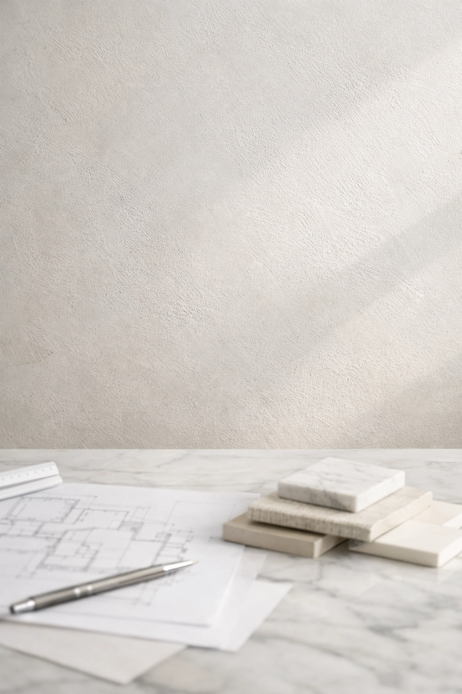 Architectural plans and material samples during early design stage for smart home integration