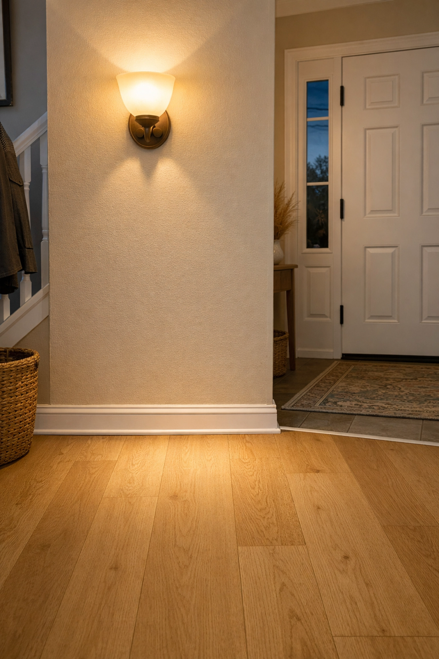 Well-lit home foyer with a wall sconce illuminating a clear floor and safe door threshold.