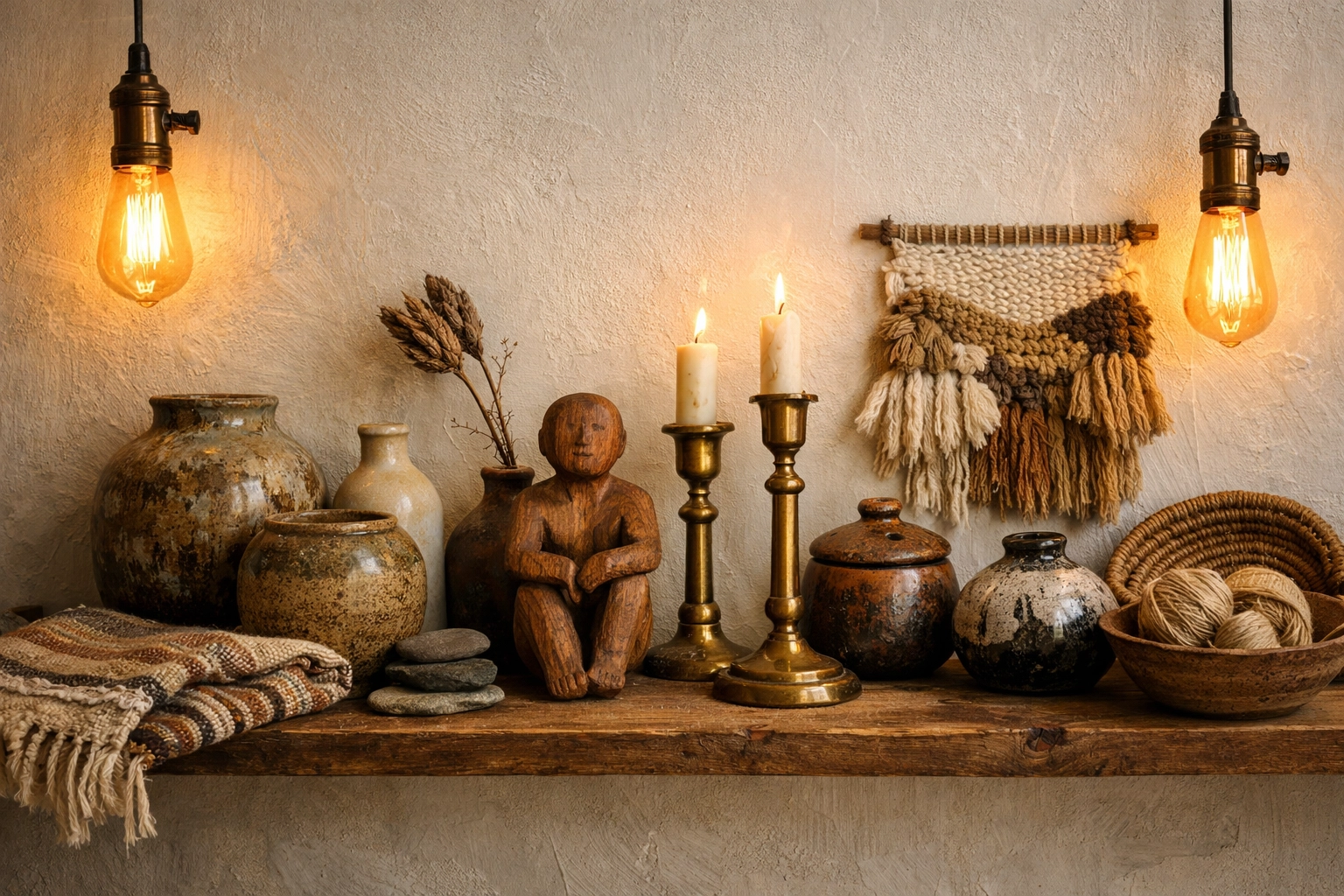 Curated shelf displaying unique handmade pottery and artisan decor for intentional living space