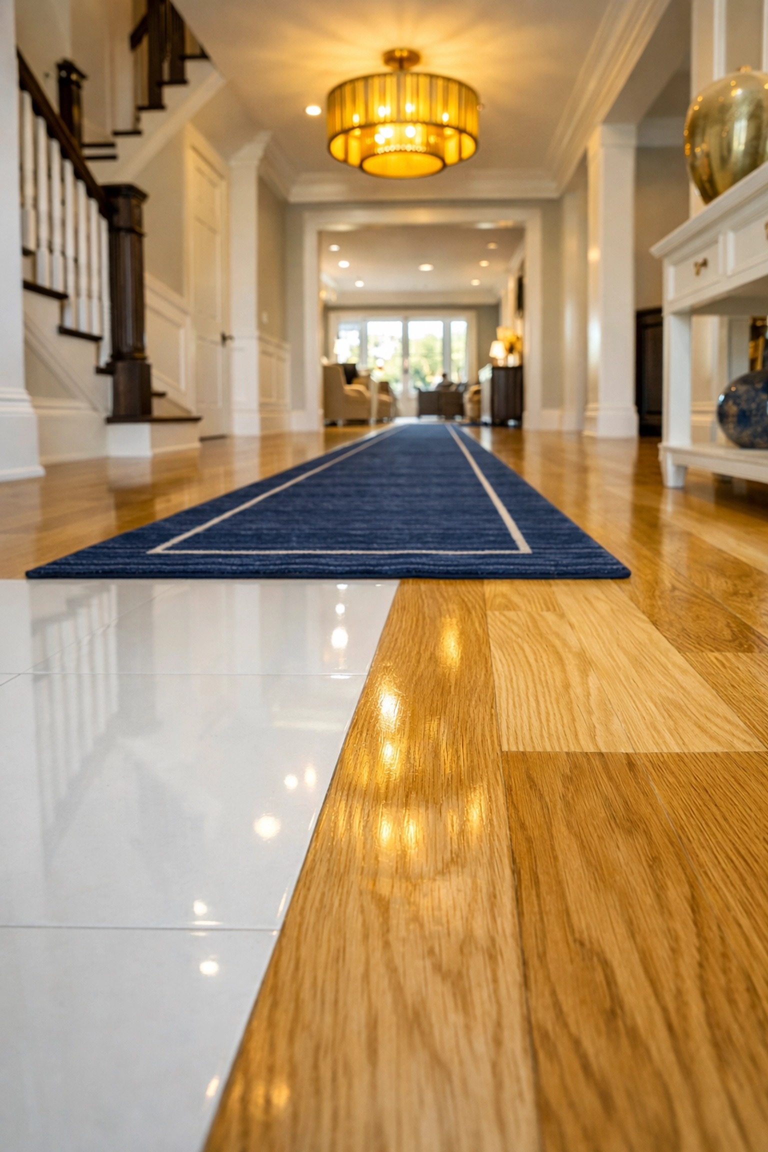 Pristine hardwood and tile floor transitions in a professionally cleaned Carlisle estate.