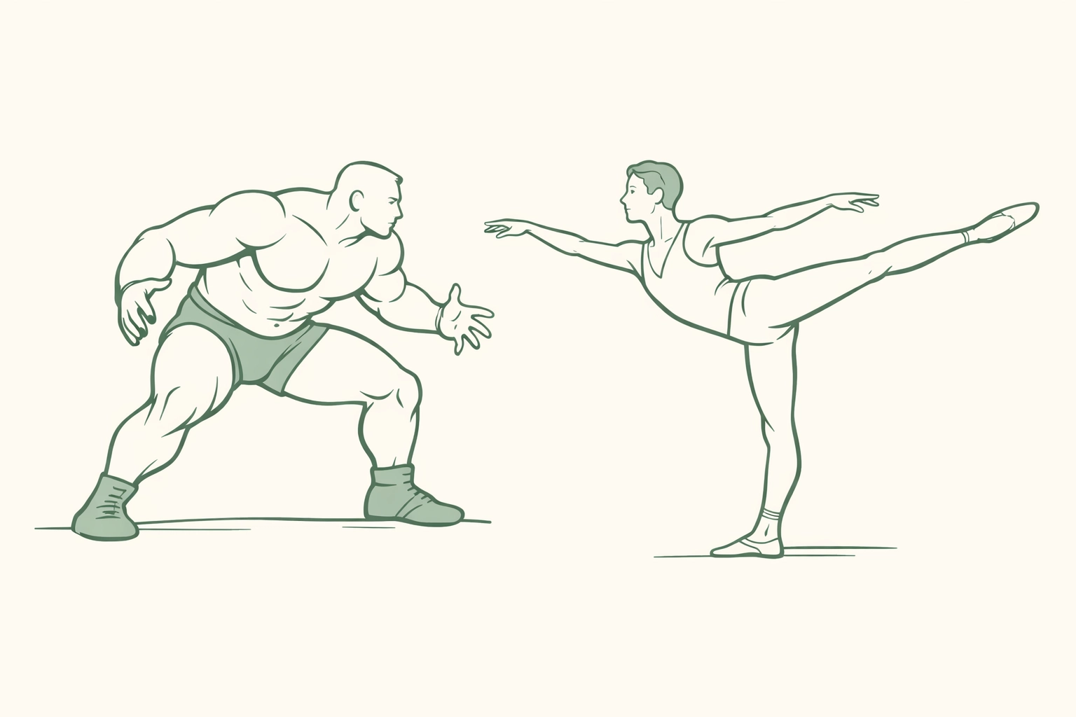 Wrestler and ballet dancer MM romance couple showing physical contrast and strength meeting grace