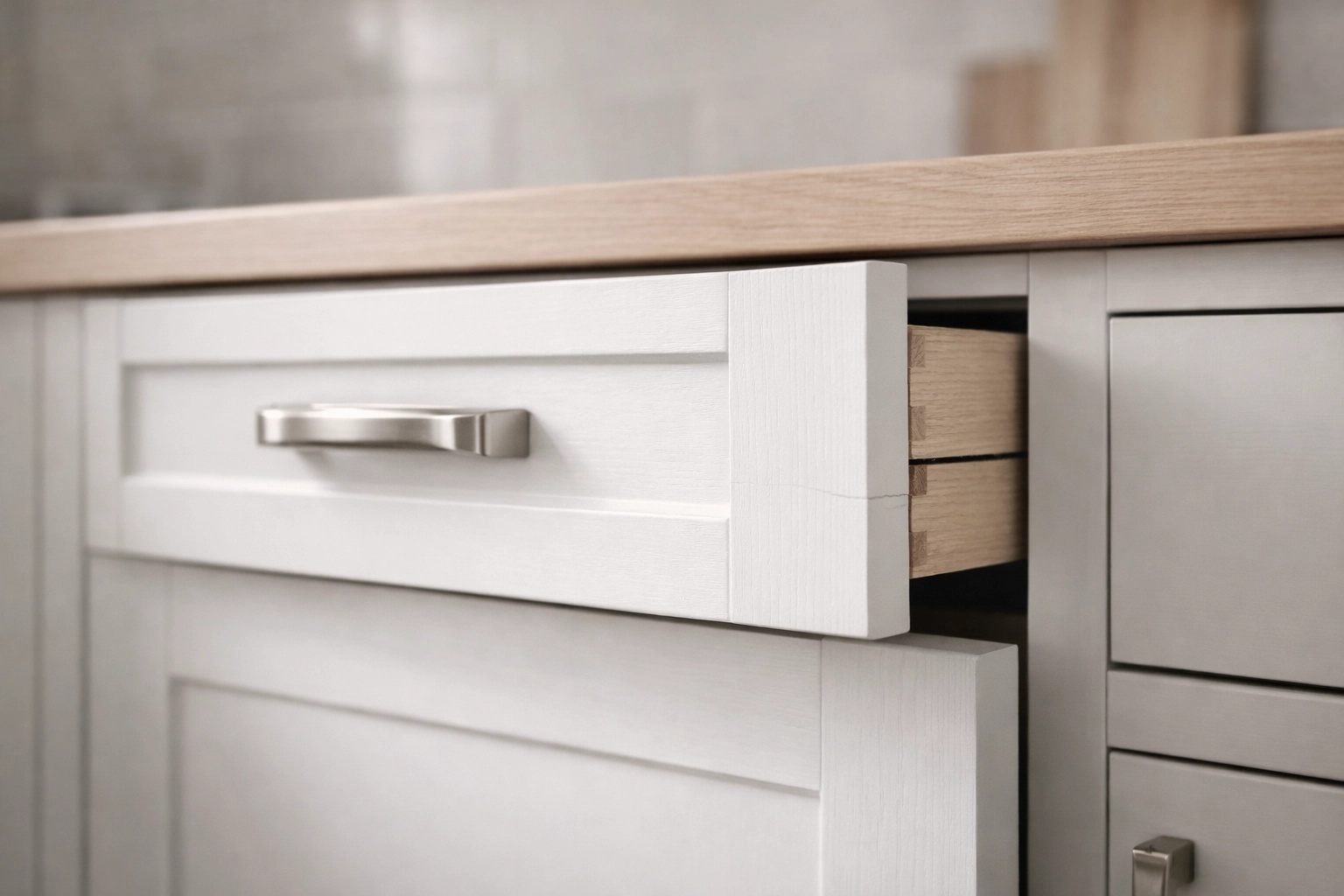 Close-up of a slightly stuck cabinet drawer showing winter wood movement: minor misalignment, small joint gap, and subtle finish checking near the pull