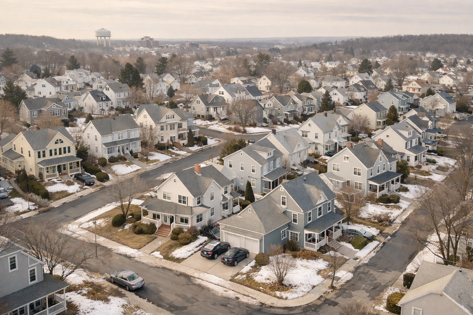 Aerial view of single-family homes in Malden MA neighborhood during winter