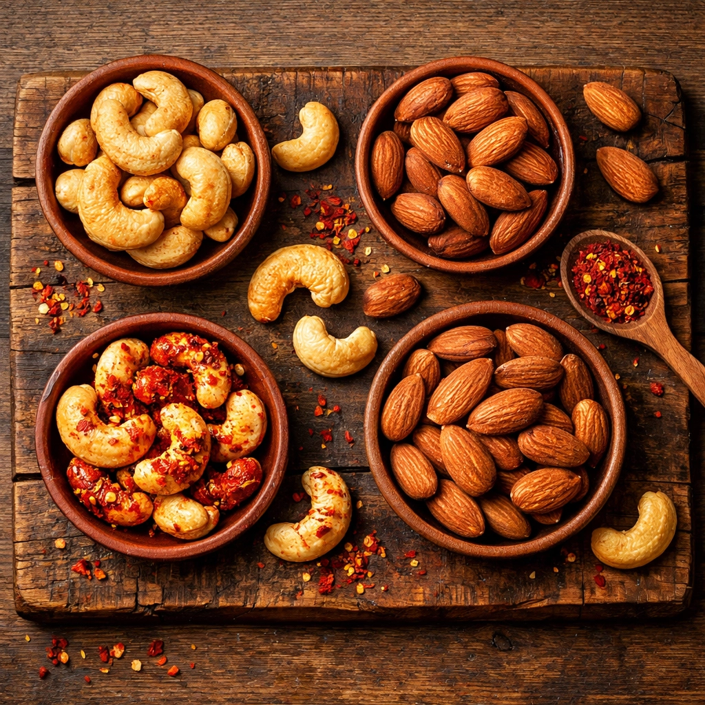 Premium roasted cashews and chili-dusted almonds displayed in rustic terracotta bowls.