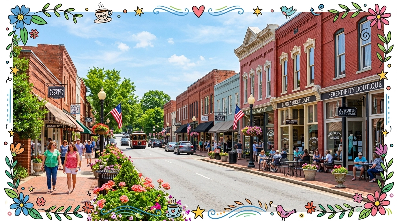 A bright, professional photo of a historic downtown street in Acworth with traditional brick buildings and hand-drawn accents