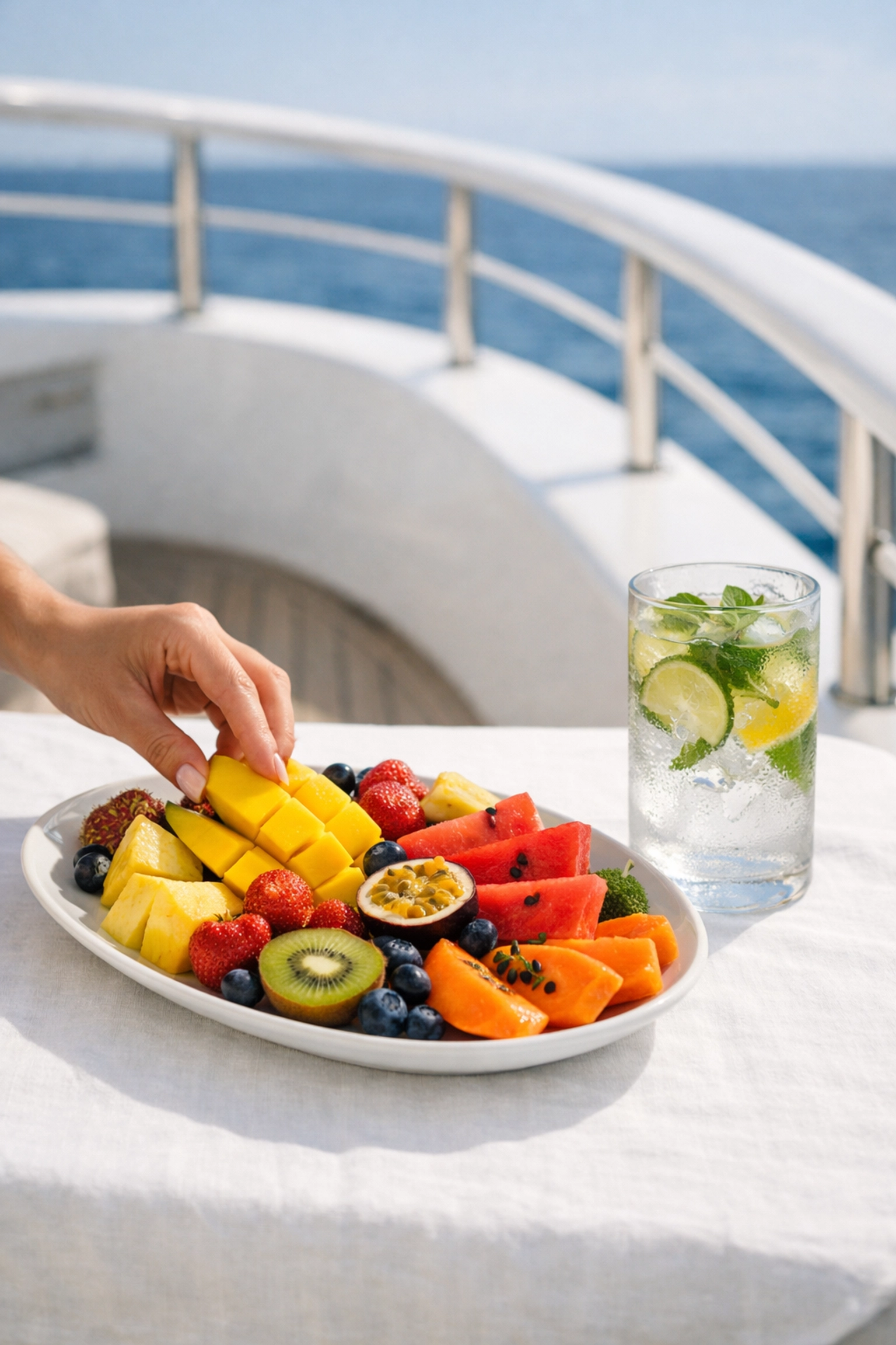 Luxury dining table with tropical fruit overlooking the sea on a group liveaboard dive excursion.