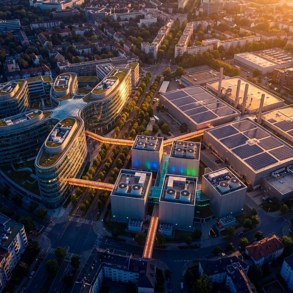Aerial view of a city with specialized investment districts, symbolizing strategic private equity diversification.