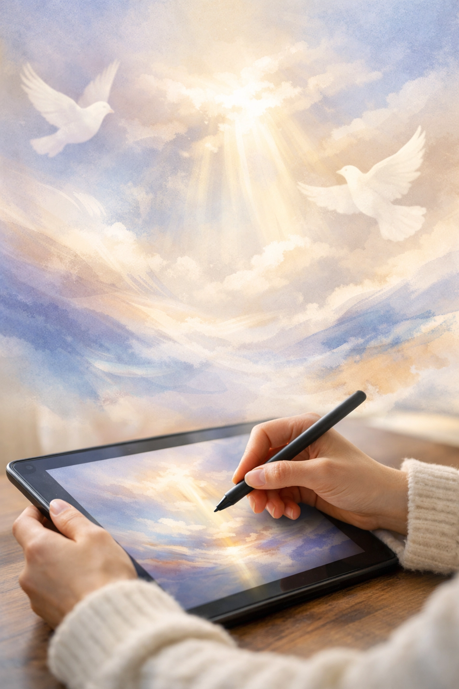 Christian artist creating digital content with spiritual inspiration and prayer