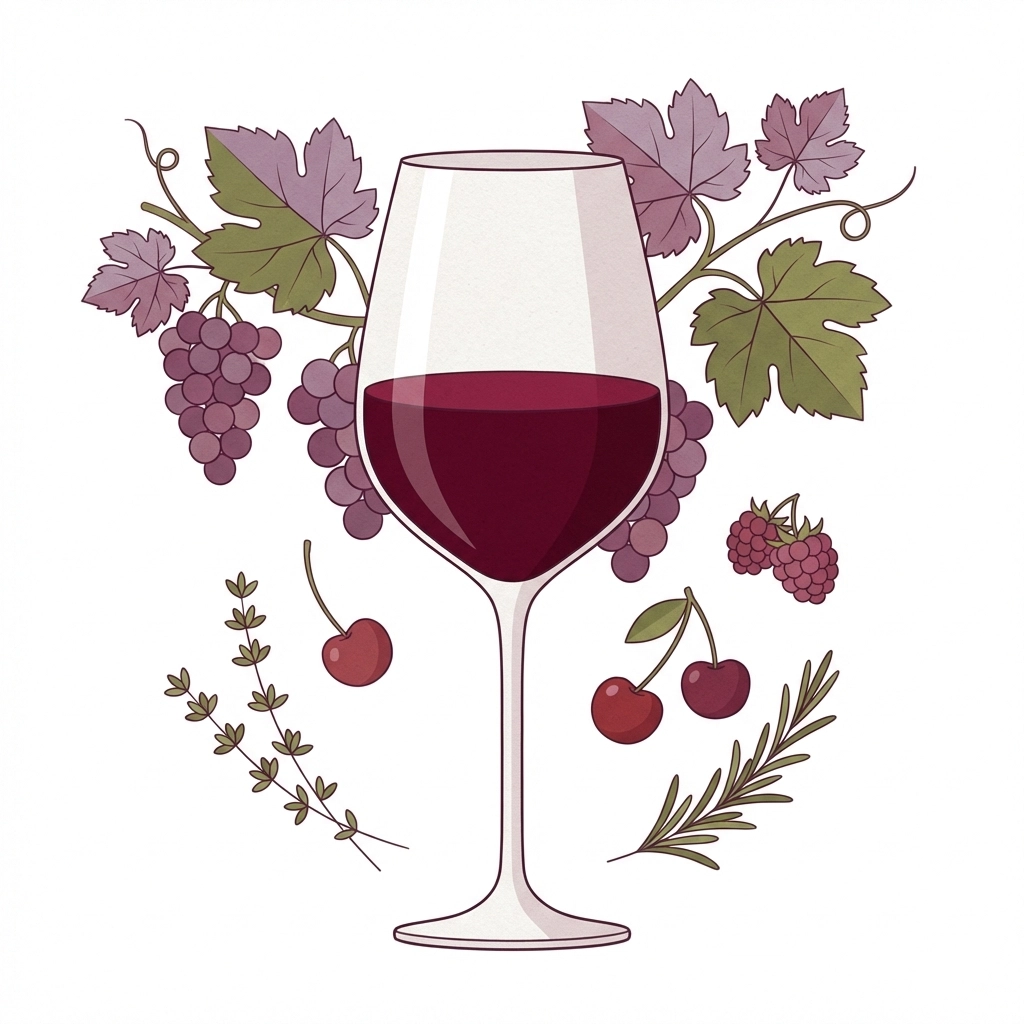 Artistic depiction of a glass of Cabernet Franc wine with grapes, cherries, and herbs, symbolizing Virginia's red wines.