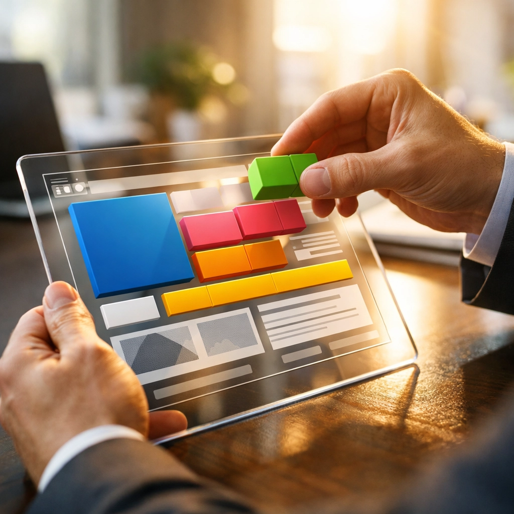 Hands interacting with a modern website layout emphasizing easy-to-update web design for small businesses.