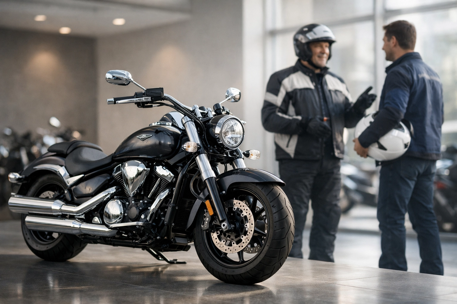 Safety instructor and rider discussing motorcycle training in a modern showroom next to a cruiser bike.