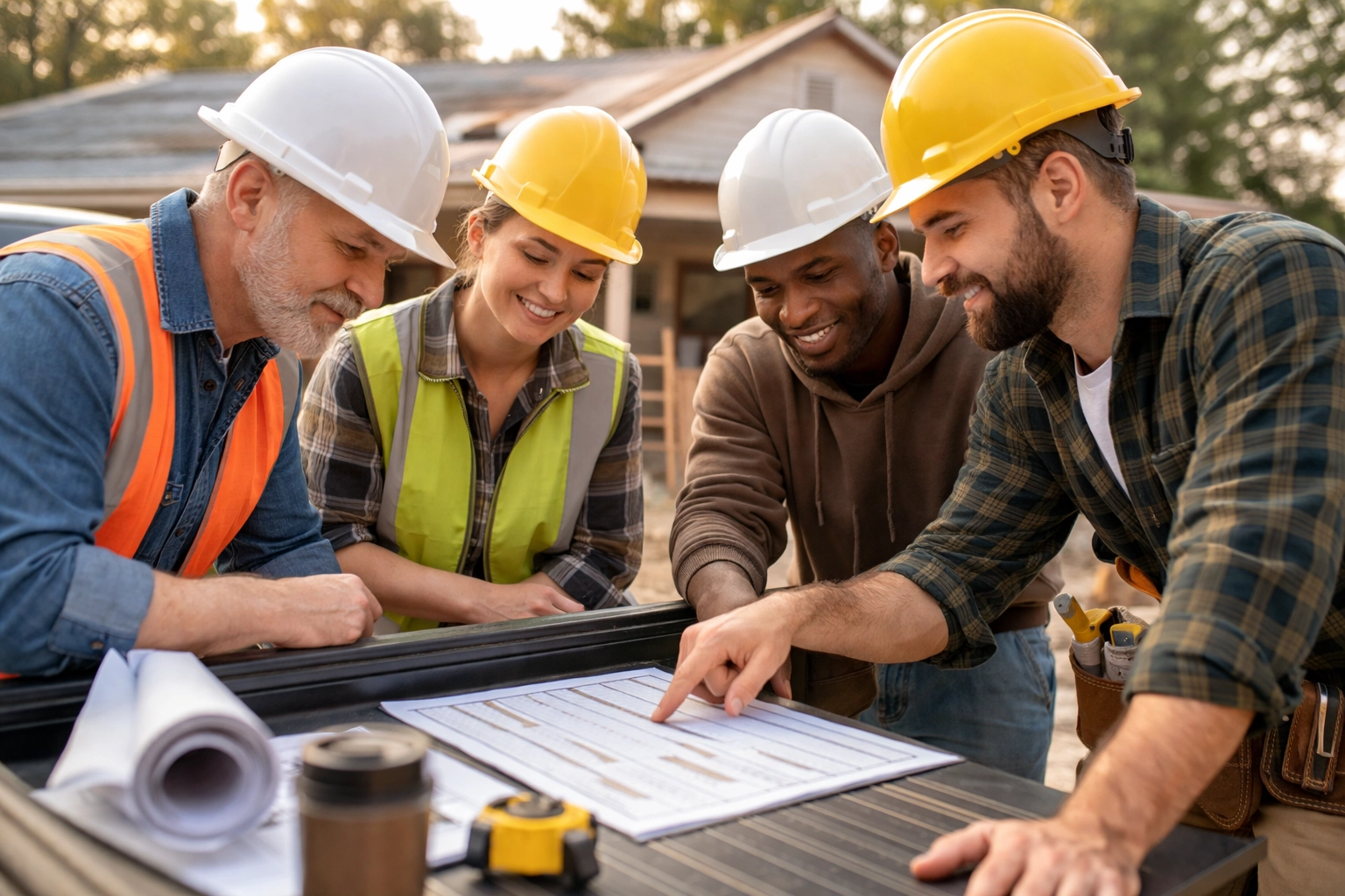 Contractors coordinating schedules at a job site meeting to keep roofing projects on track