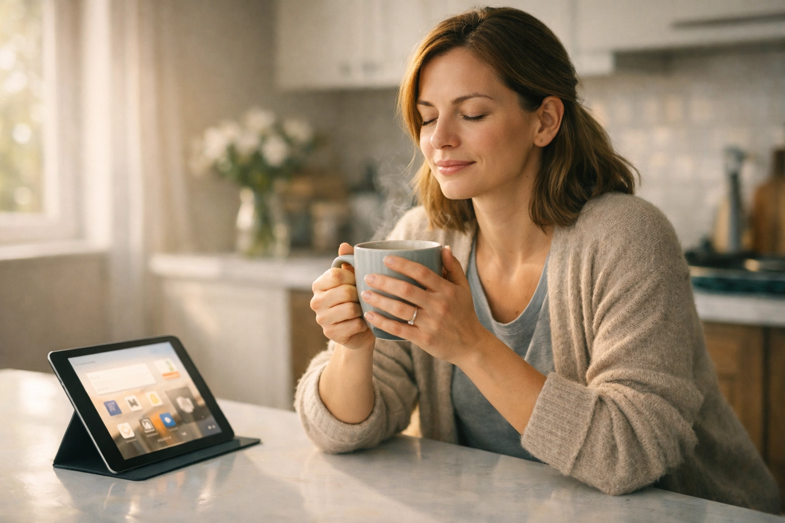 A peaceful woman in a bright kitchen using a digital tablet for spiritual recharging and micro-Bible study.