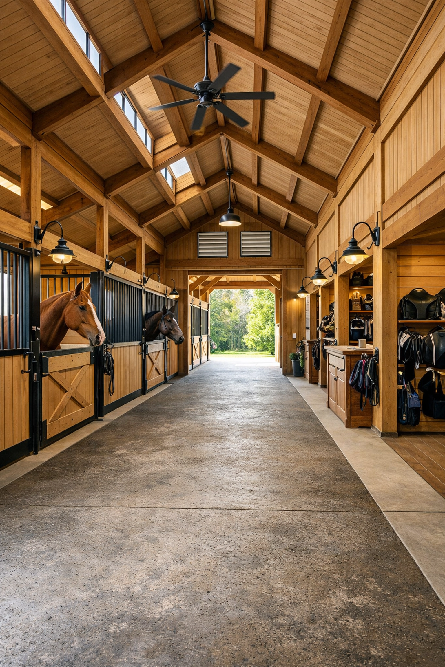 Well-designed horse barn interior with Dutch doors and center aisle in North Carolina