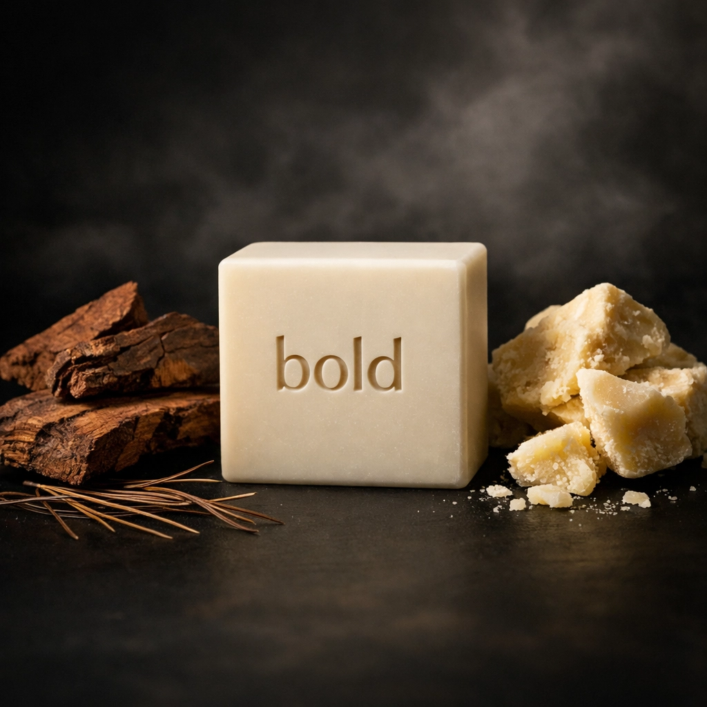 Artisanal beard wash bar with natural ingredients like cedarwood and cocoa butter for scent.
