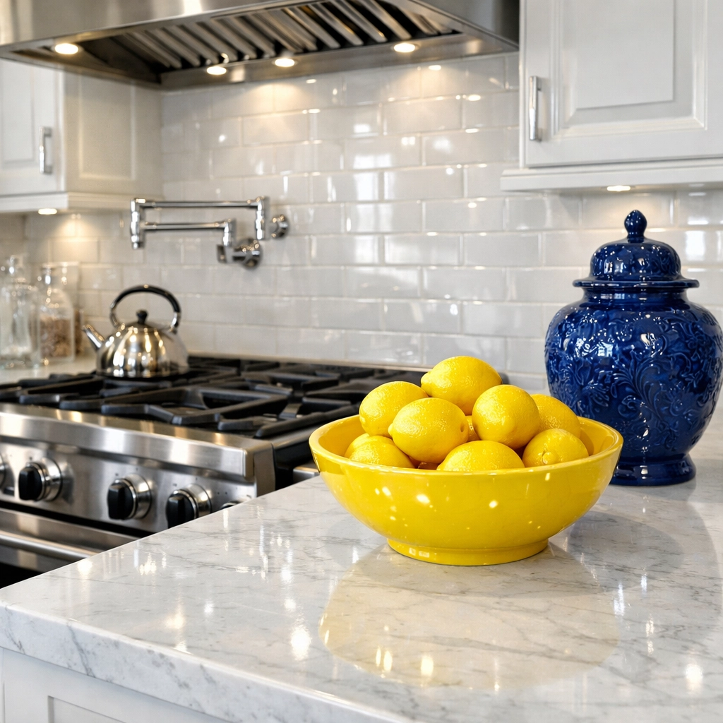Deep cleaning service in a Boxborough residence with sparkling marble kitchen countertops.