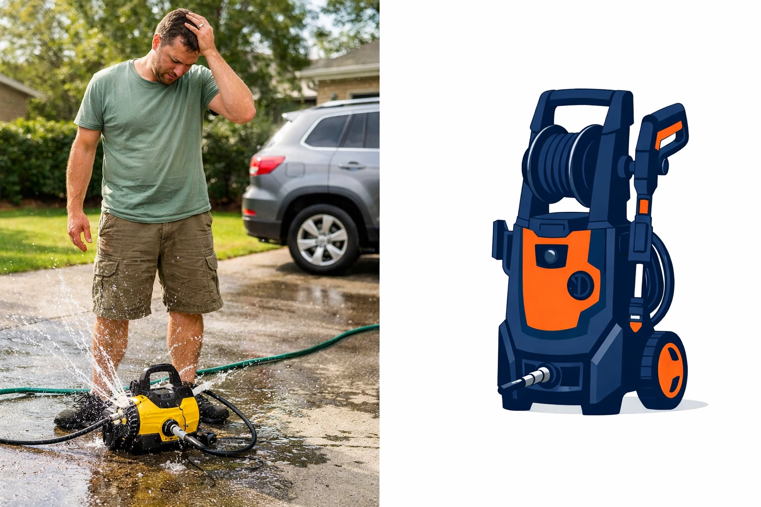 Comparing a broken cheap pressure washer to a professional tool rental from a neighbor.