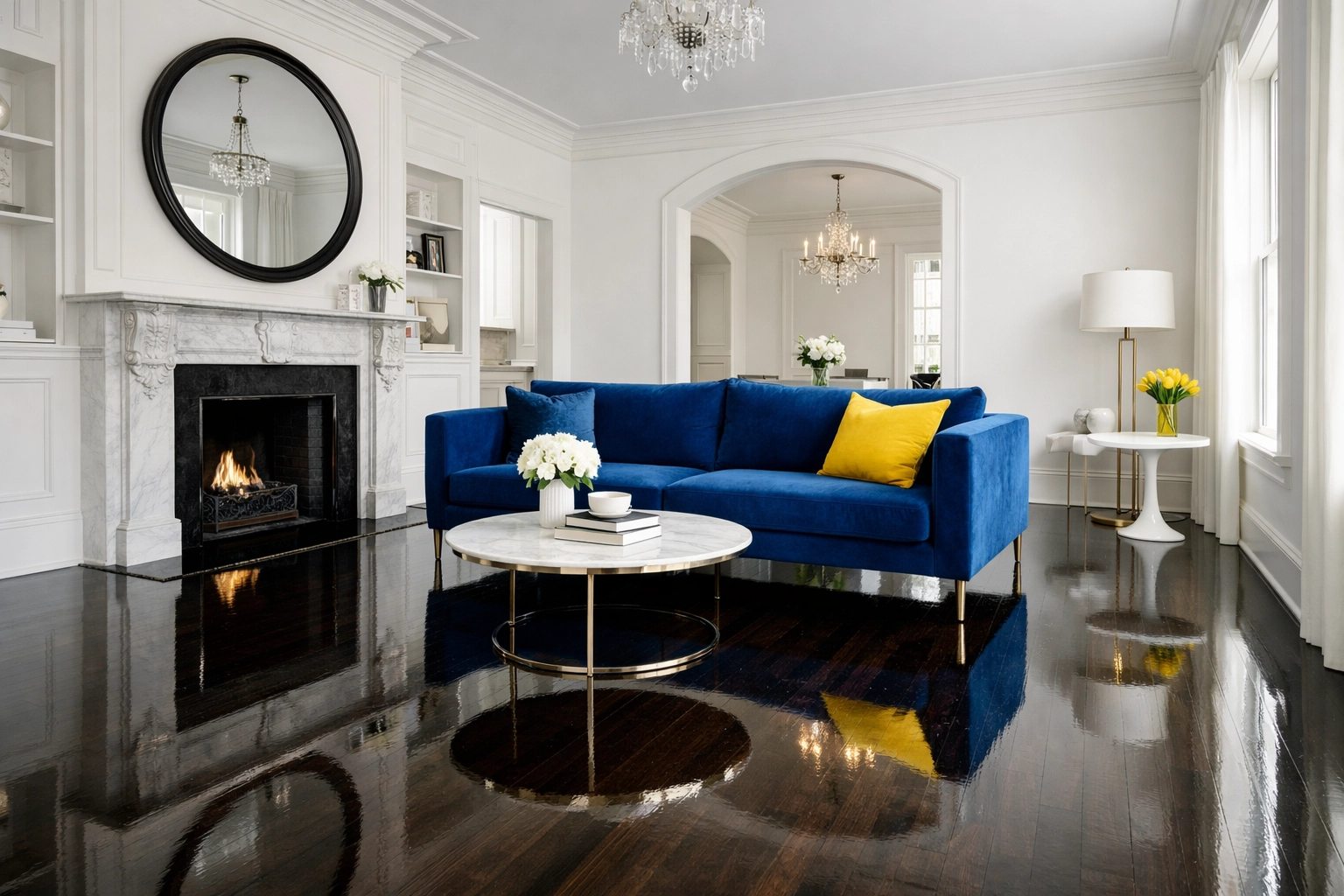 Dust-free luxury living room with polished floors, showing expert apartment cleaning in Boston results.