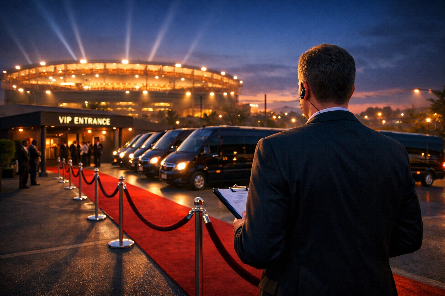 Expert corporate travel management coordinating VIP logistics and transportation at a major stadium event.