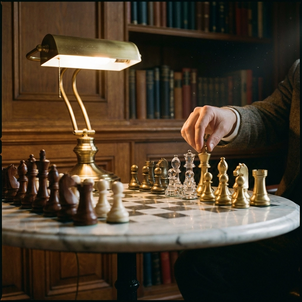 Chess game with mixed-material pieces, representing strategic investment decisions and the complexity of the 40/30/30 portfolio model.