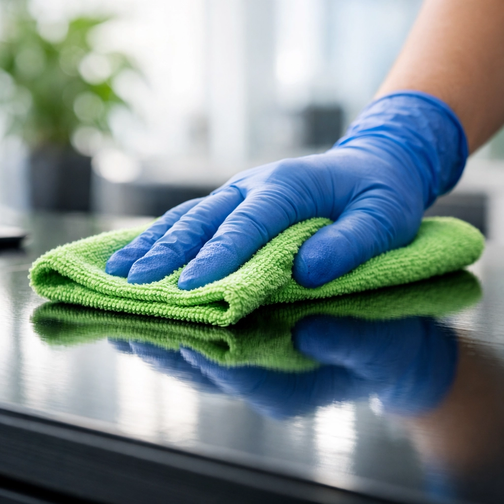 Detailed office cleaning Simcoe County on a modern desk, focusing on hygiene and property care.