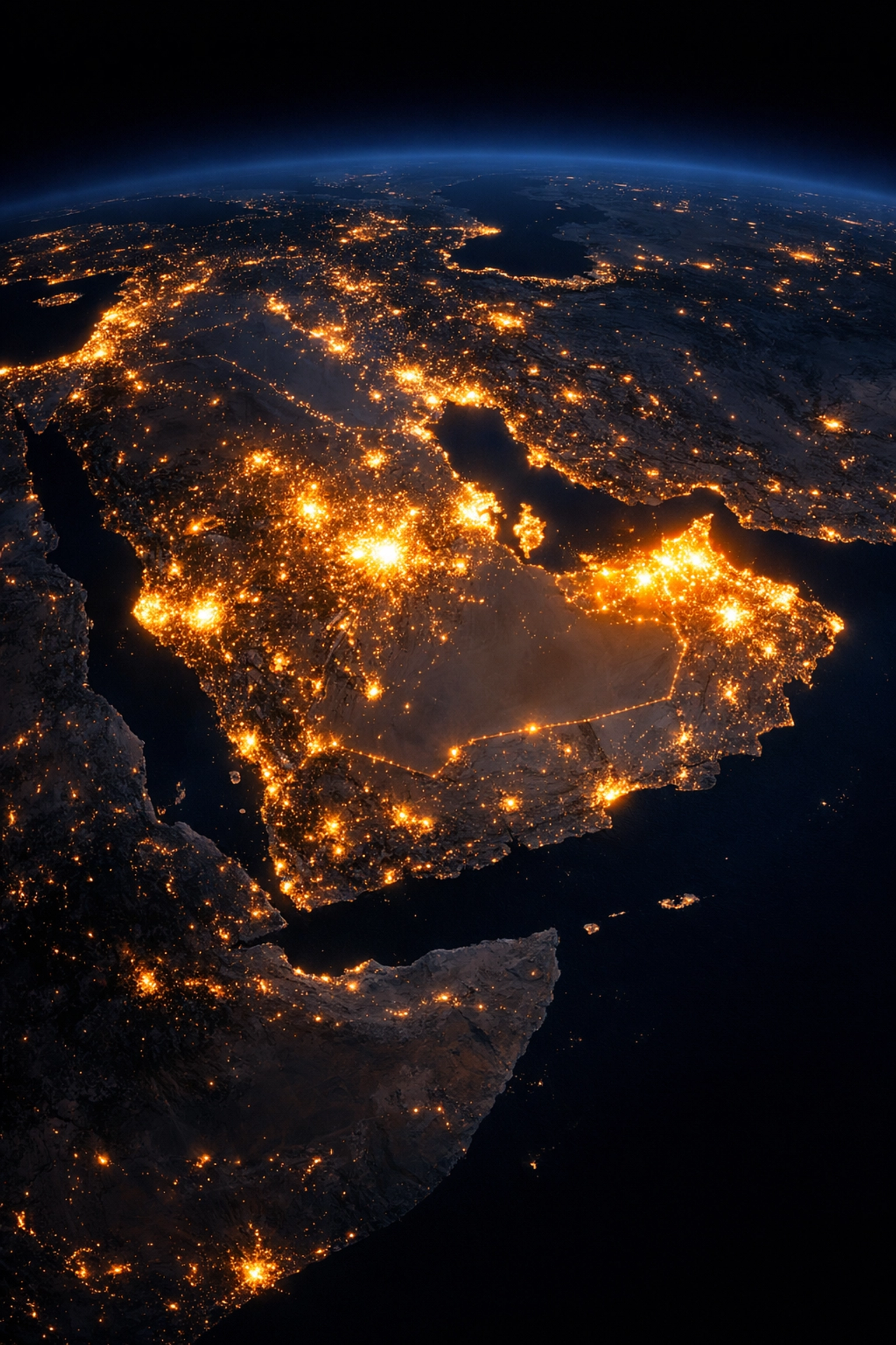 Arabian Peninsula night map showing MENA startup funding concentration in UAE and Saudi Arabia