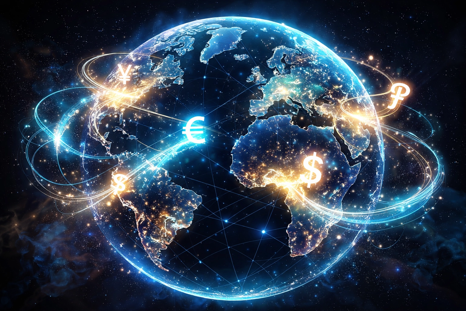 A glowing globe with currency symbols connected by blockchain, representing global borderless crypto payments for merchants.