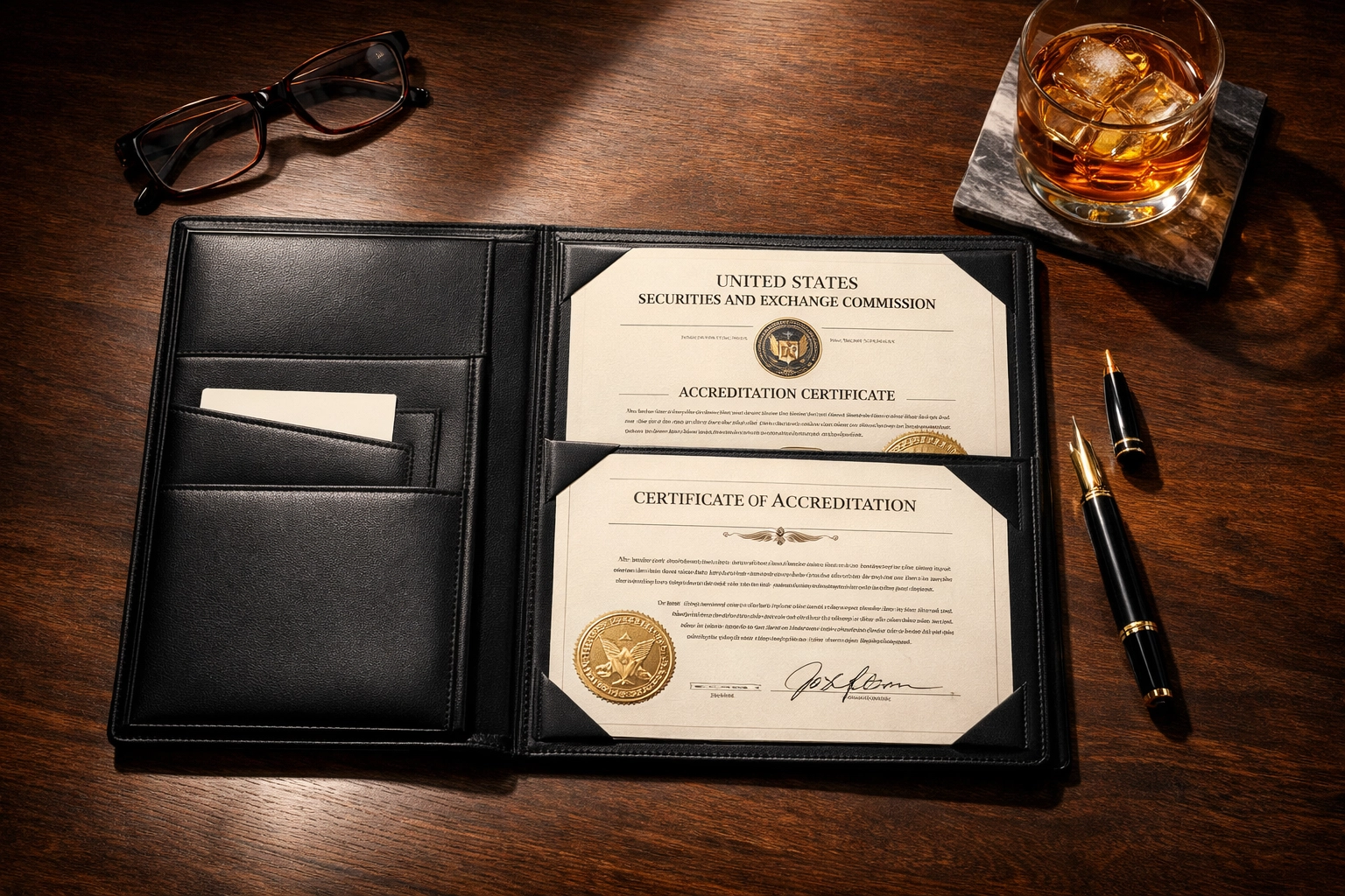 SEC accredited investor documents and portfolio on executive desk