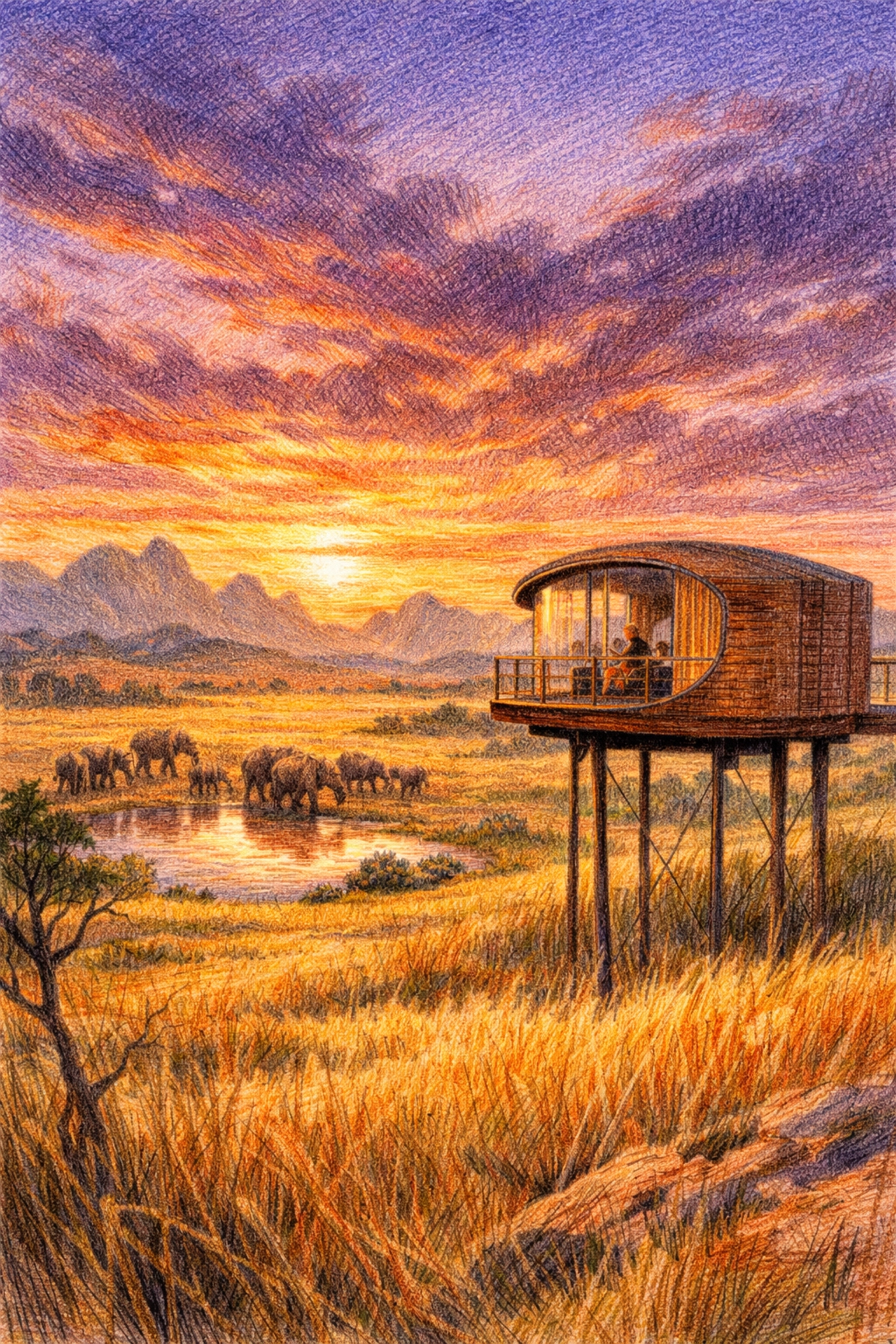 Sustainable hotel architecture featuring an elevated observation pod over a wildlife sanctuary.