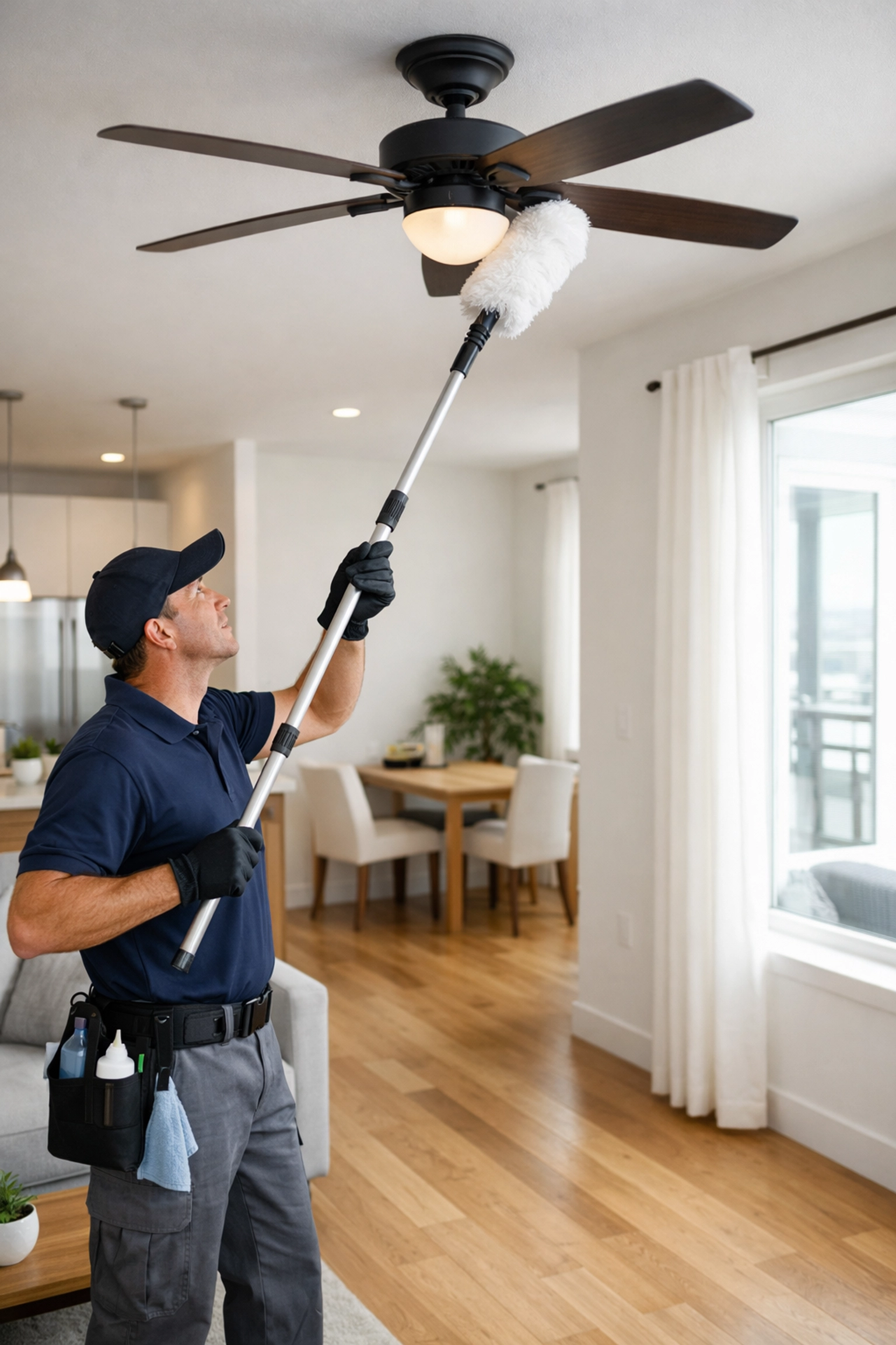 Professional cleaner working top to bottom in apartment turnover