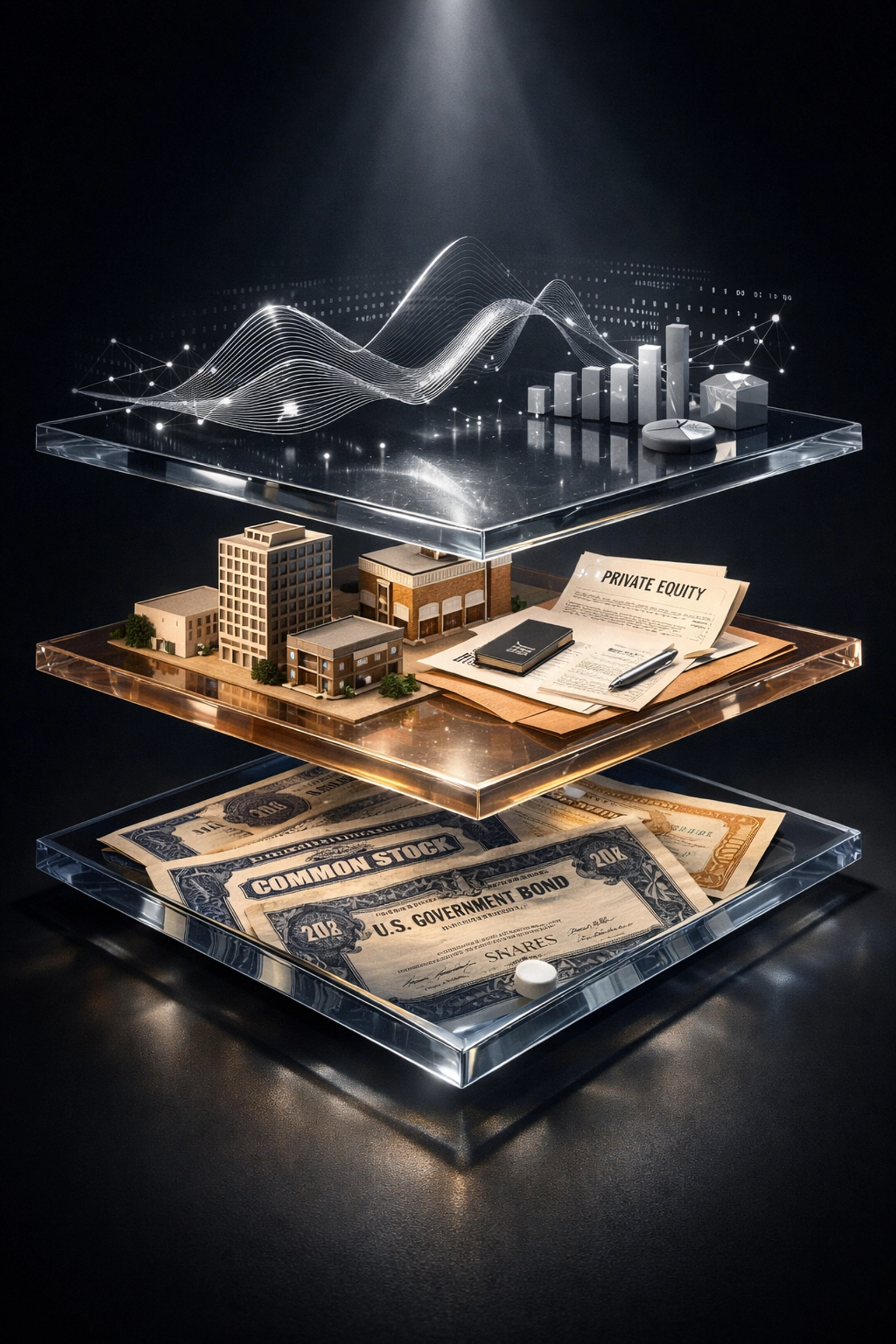 Diversified investment portfolio layers showing stocks, private equity, and alternative investments