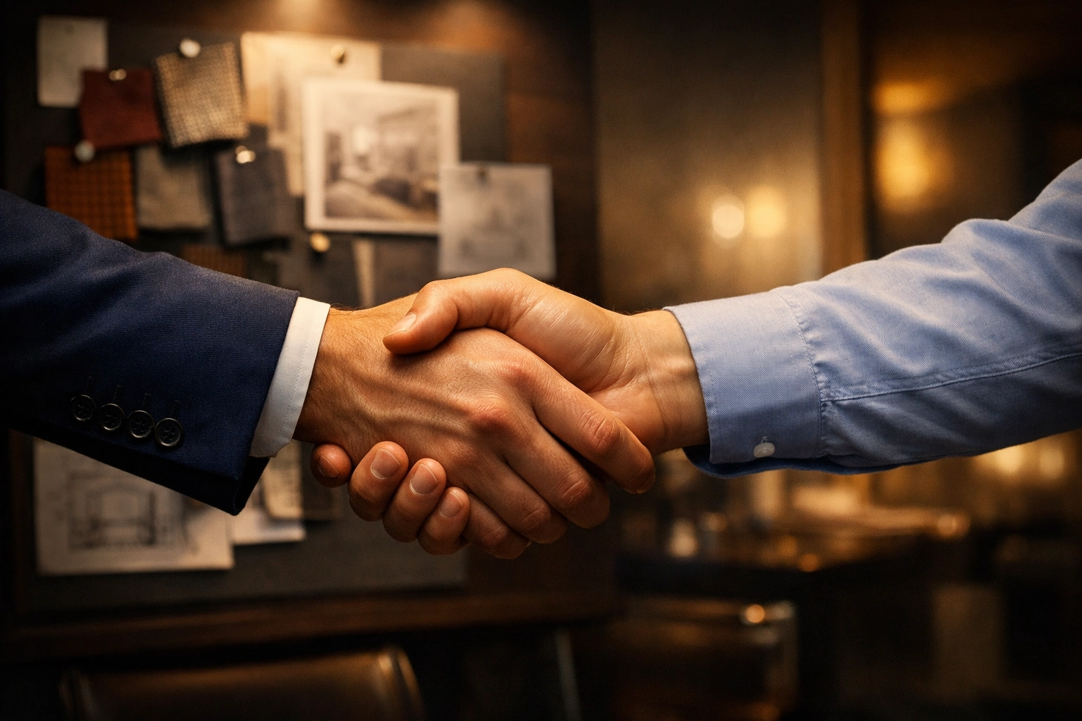 Homeowner and professional builder shaking hands to confirm a local construction contract.