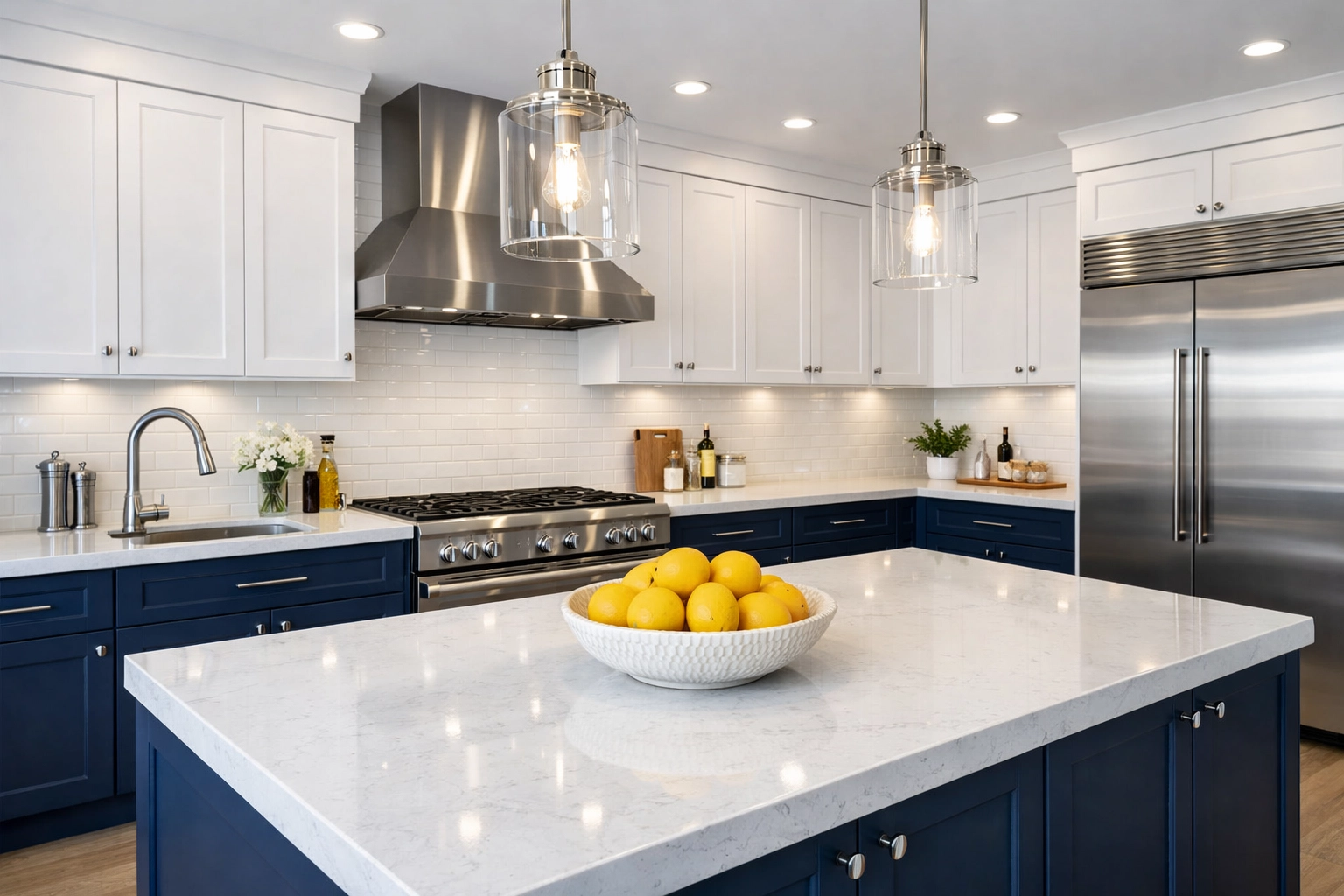 Bright, organized kitchen with navy cabinets, perfect for a bi weekly house cleaning schedule.
