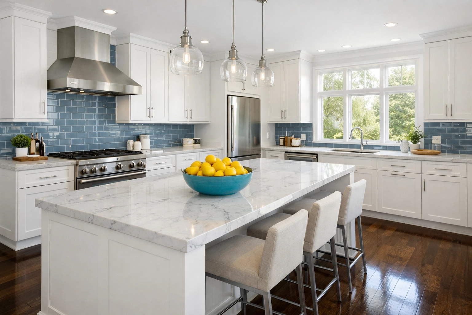 A sparkling clean Westford kitchen with marble countertops after a professional weekly house cleaning service.