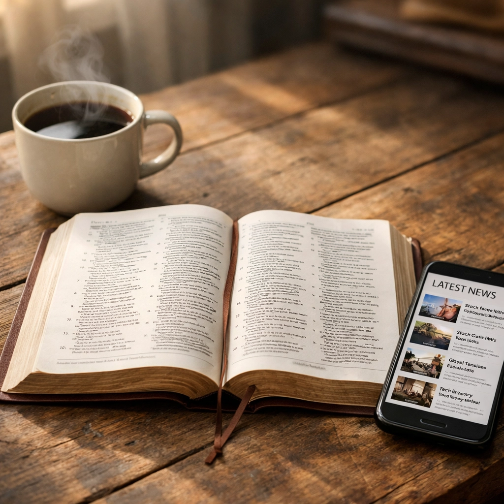 Open Bible with coffee and smartphone displaying morning news headlines for biblical reflection