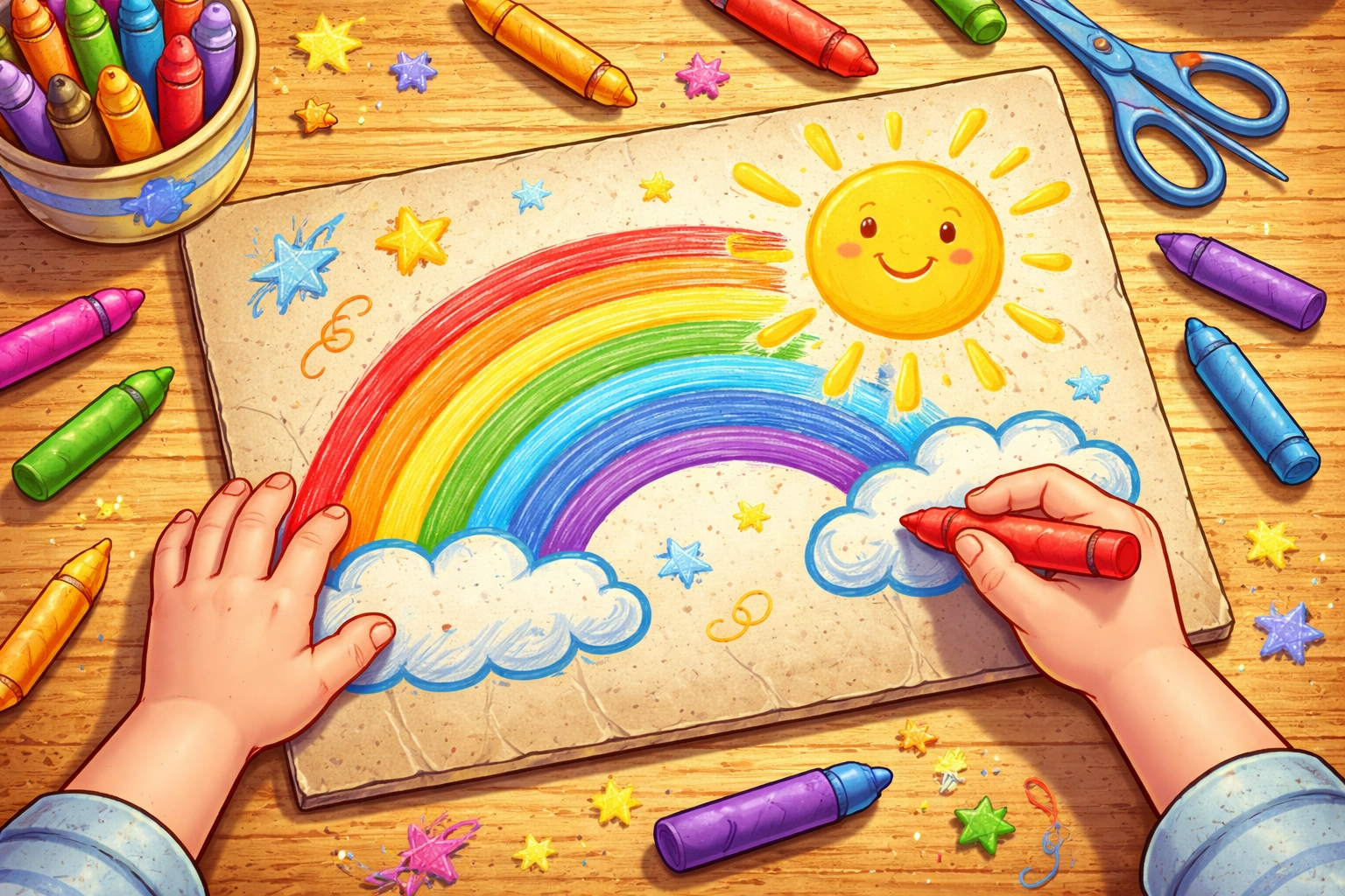 A child's hands coloring a bright rainbow and sun on cardboard, creating artwork for a homemade puzzle activity.