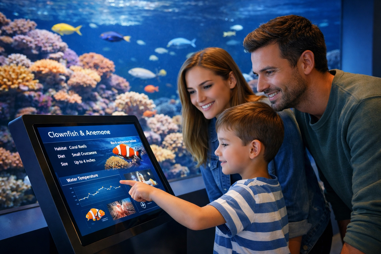 Family interacting with a high-tech digital display at a smart aquarium venue for tailored learning.