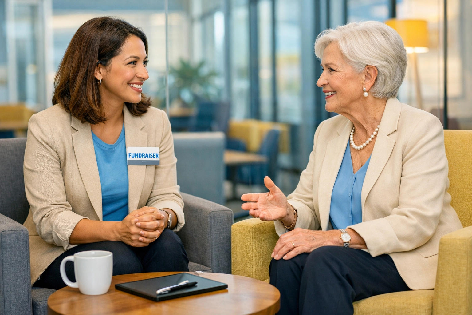 Nonprofit fundraiser building a relationship with a legacy donor in a professional office setting.