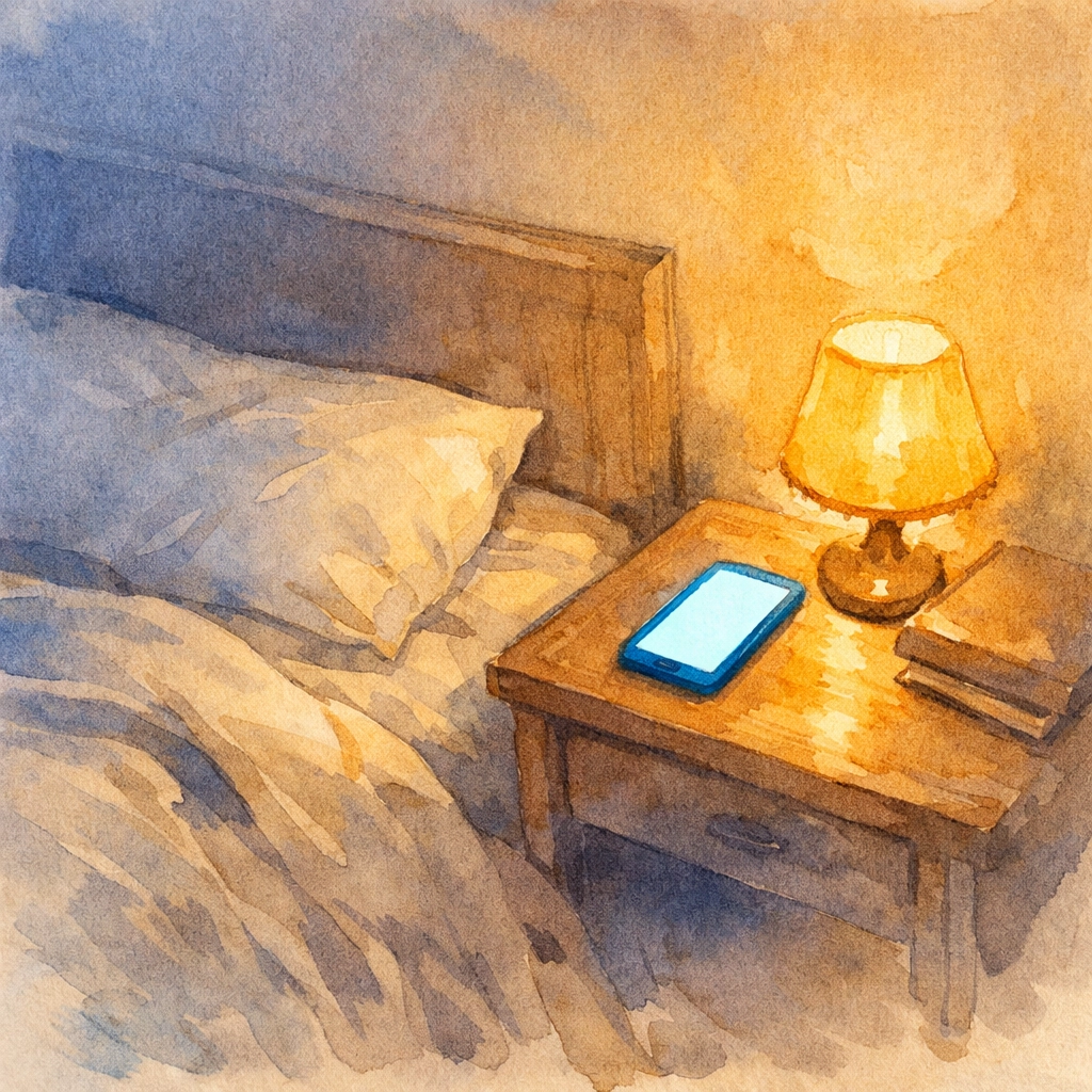 Peaceful bedroom at night with phone on nightstand showing digital noise versus spiritual rest