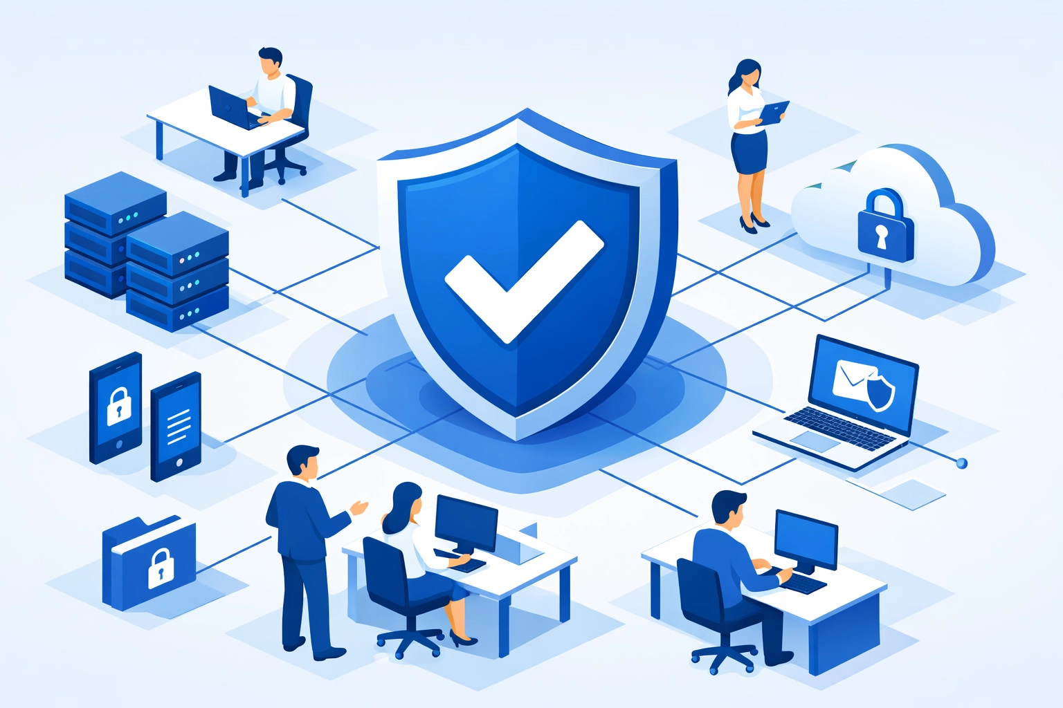 Business cybersecurity shield protecting digital assets and cloud data