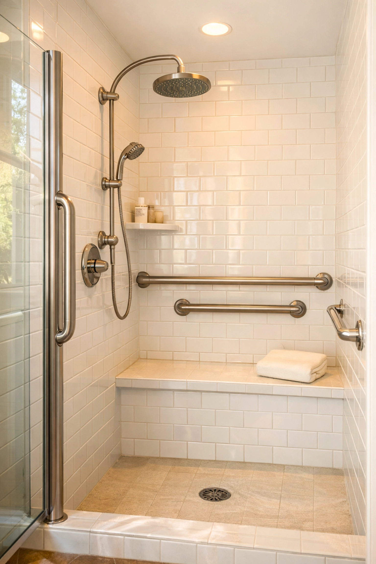 Complete shower safety rail system with vertical entry rail and horizontal support bars