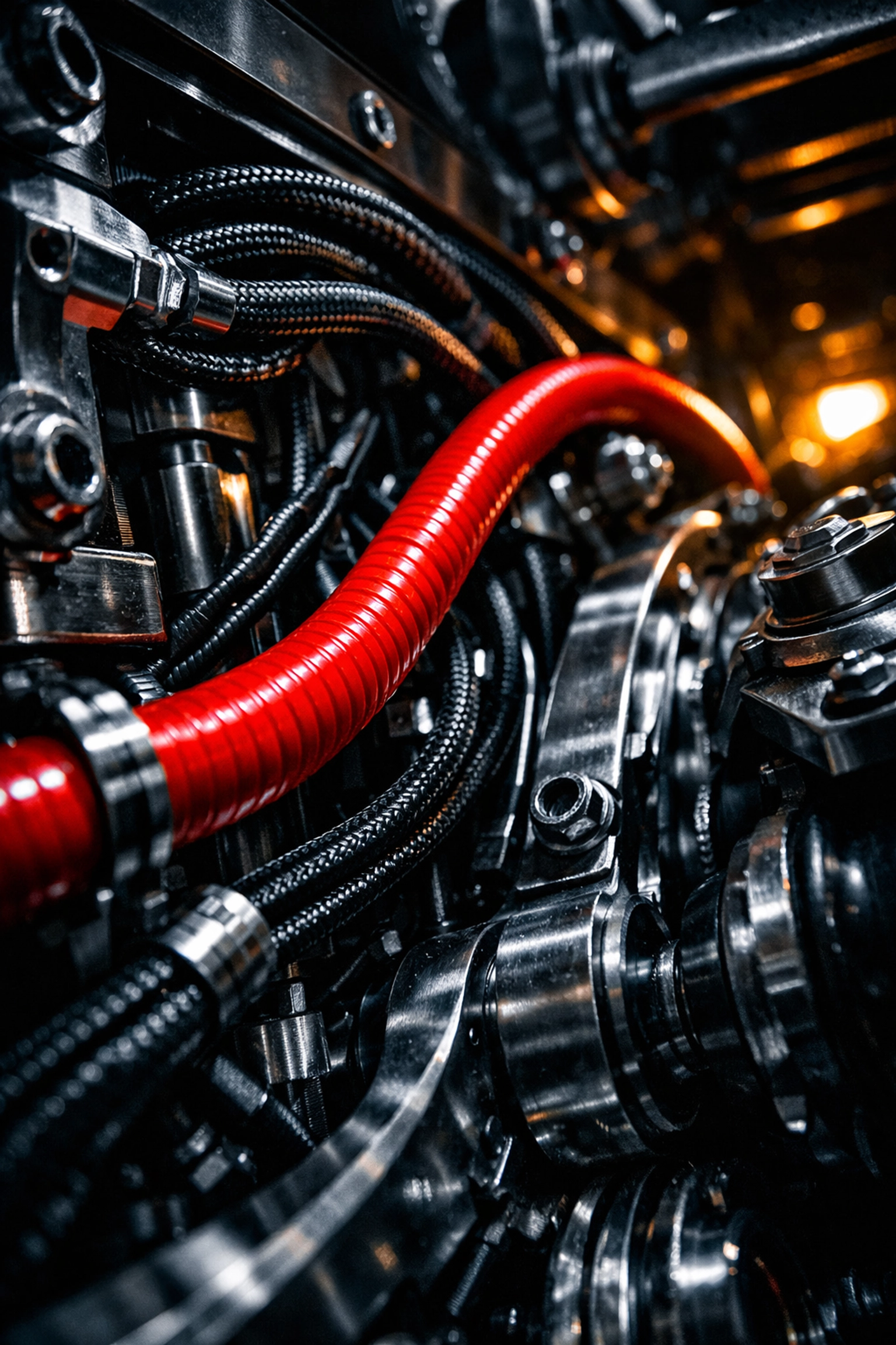 Red Firetrace detection tubing routed through industrial machinery for automatic fire suppression.